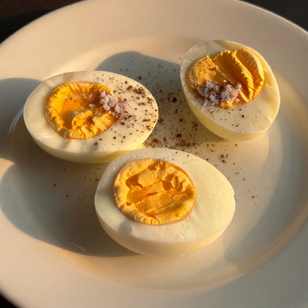 Plated hard-boiled eggs with a sprinkle of salt and pepper