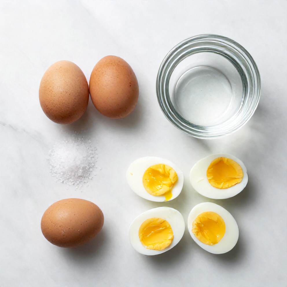 Raw ingredients for hard-boiled eggs including eggs, salt, and water