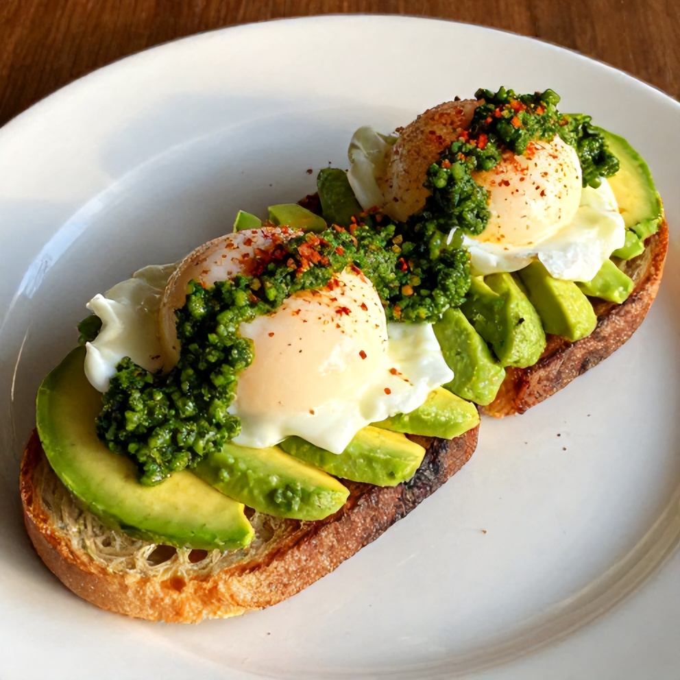 Pesto Eggs on Avocado Toast plated