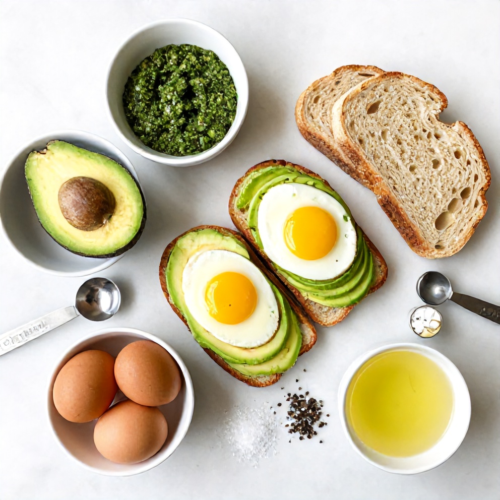 Avocado, eggs, pesto, bread, salt, pepper