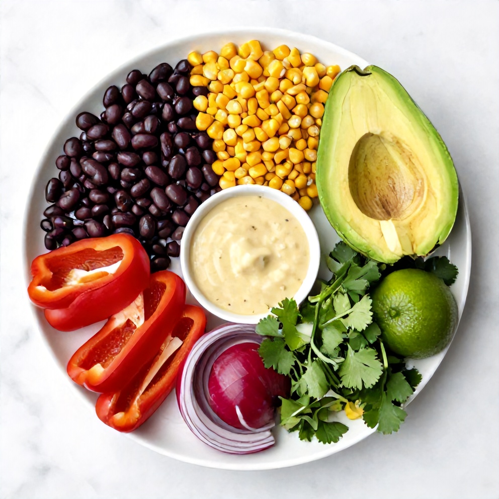 Mexican Bean Salad ingredients: black beans, corn, avocado, bell peppers, red onion, cilantro, lime, and dressing