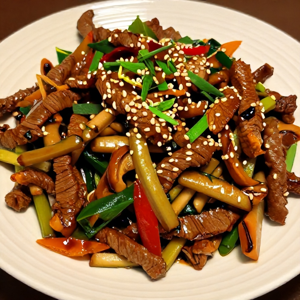 Plated Quick Lean Beef Stir-Fry with green onions and sesame seeds