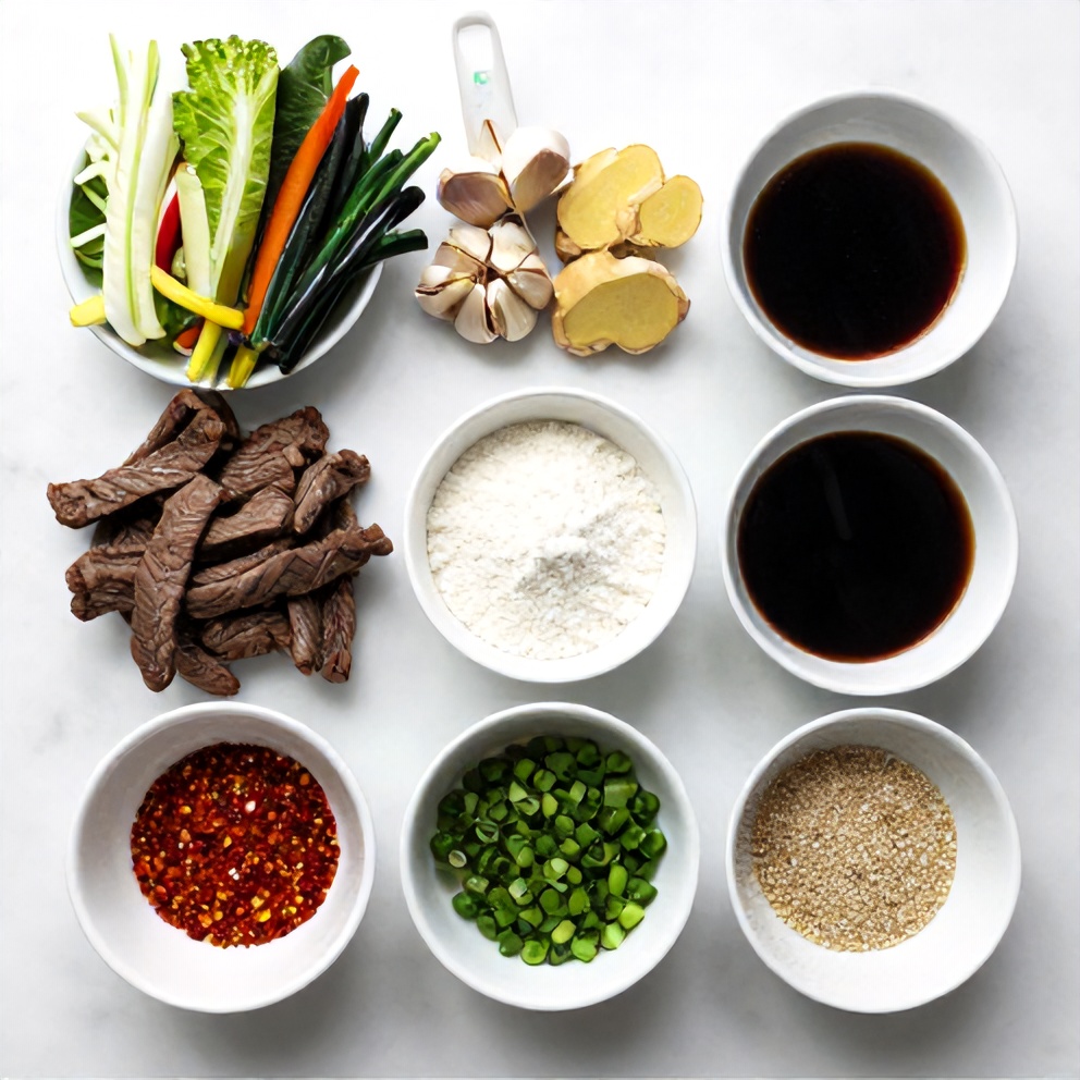Raw ingredients for Quick Lean Beef Stir-Fry on a white marble surface