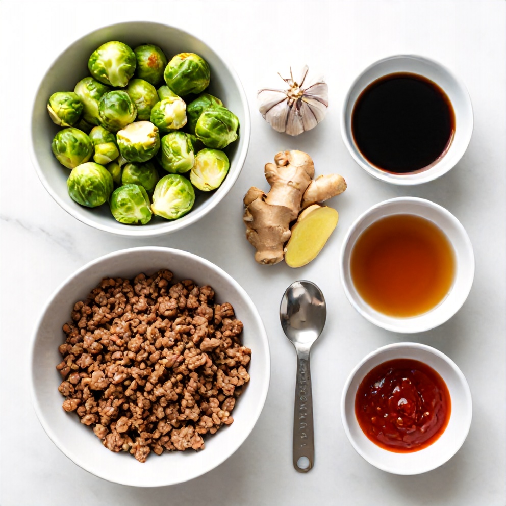 Raw Ingredients for Quick Spicy Pork Brussels Sprouts Bowls