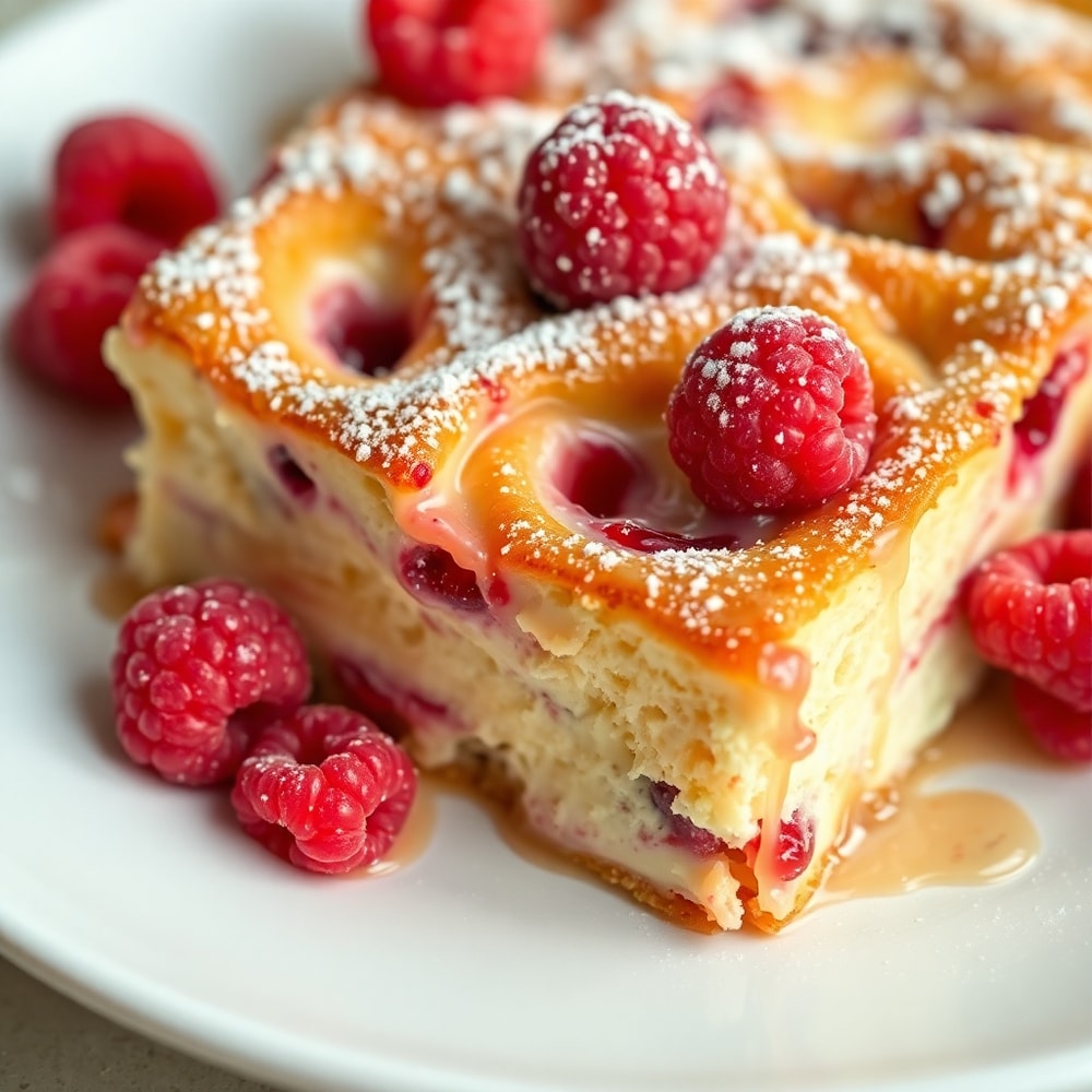 Raspberry Cheesecake French Toast Casserole Served