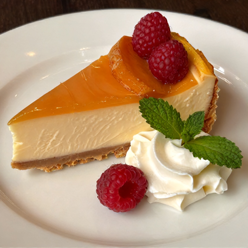 Sliced Raspberry Peach Cheesecake on a plate with a dollop of whipped cream