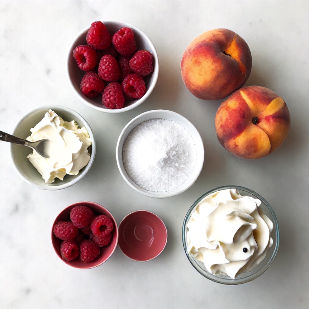 Raspberry Peach Cheesecake ingredients including cream cheese, peaches, and raspberries