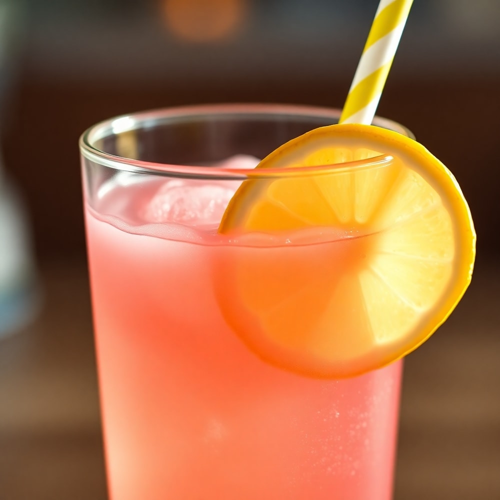 A glass of pink lemonade with a straw and a lemon slice