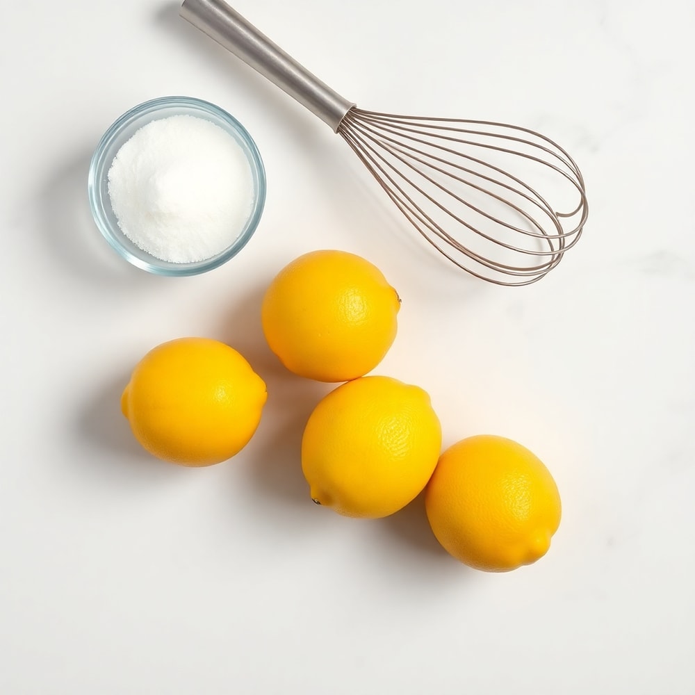 Lemons, sugar, water, and a whisk on a wooden surface