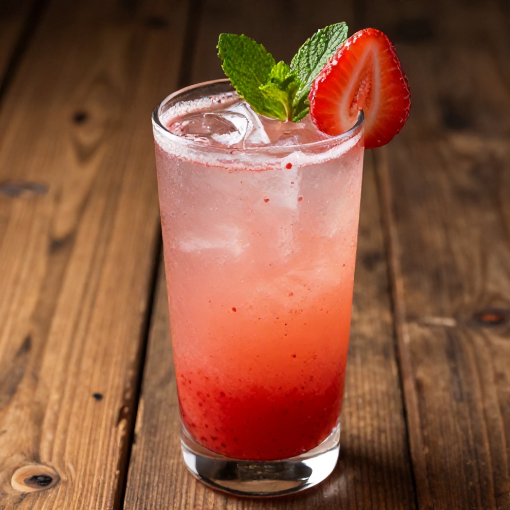 Glass of Refreshing Strawberry Mint Lemonade with a strawberry slice and mint sprig
