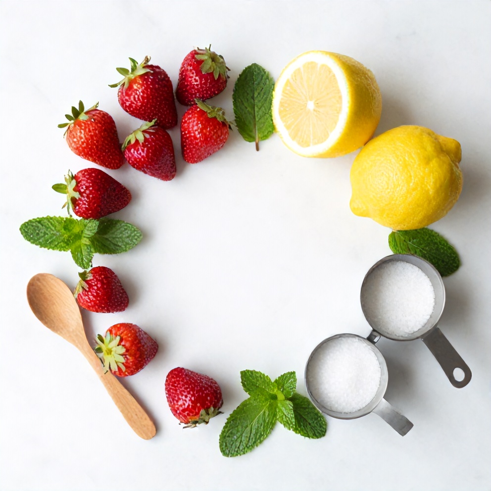 Strawberries, lemons, fresh mint leaves, sugar, and water on a wooden surface