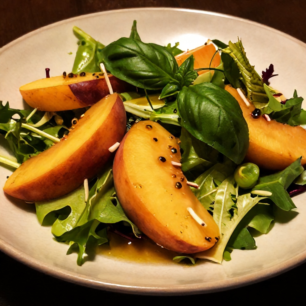 Plated serving of refreshing summer peach salad with crisp greens, juicy peaches, and a tangy honey-lime dressing