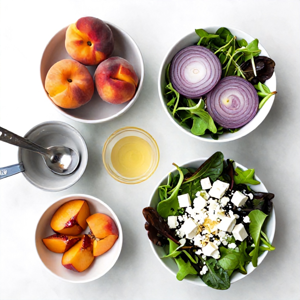 Raw ingredients for refreshing summer peach salad including fresh peaches, crisp greens, and a tangy honey-lime dressing