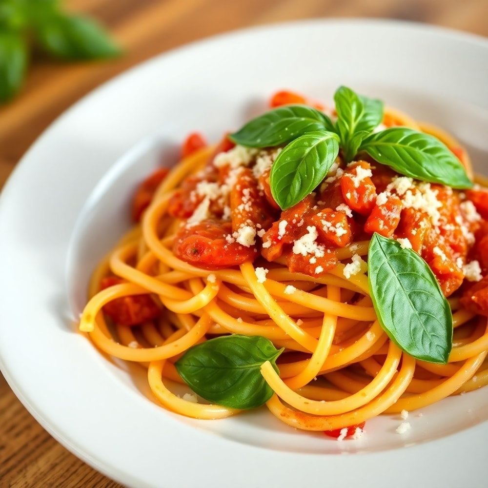 Plated Roasted Tomato and Garlic Ricotta Pasta