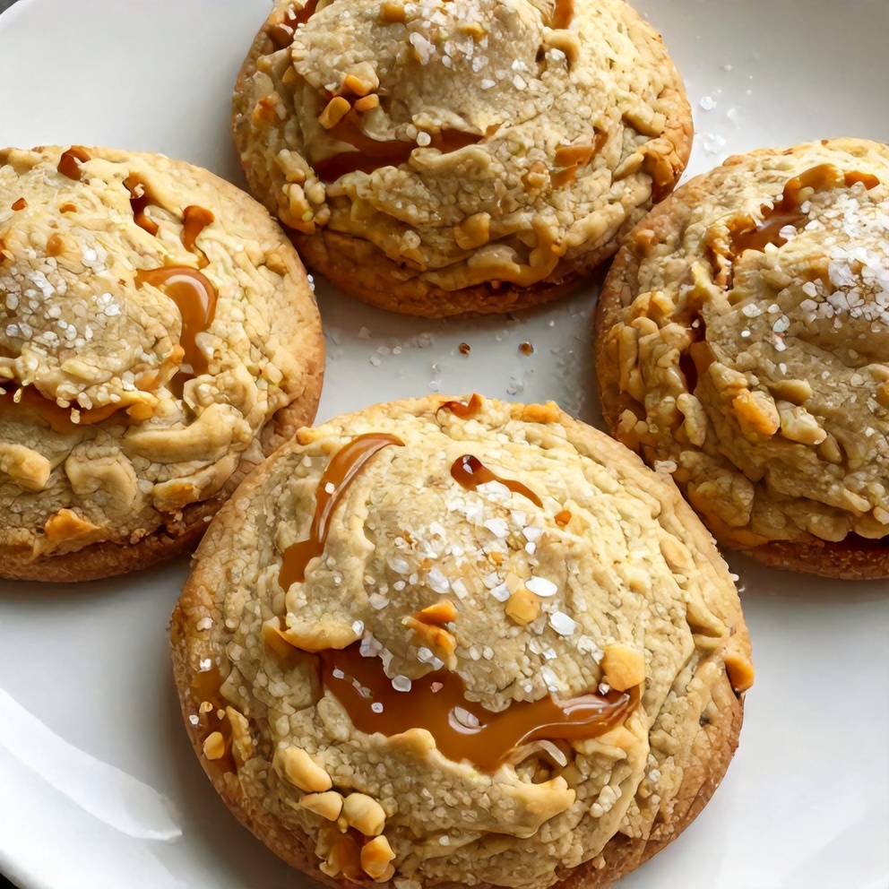 Plate of Salted Caramel Cheesecake Cookies with a sprinkle of sea salt