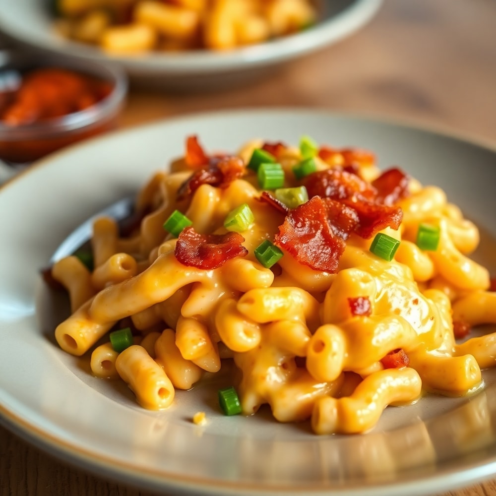 Smoky BBQ Chicken Mac Cheese plated with garnish