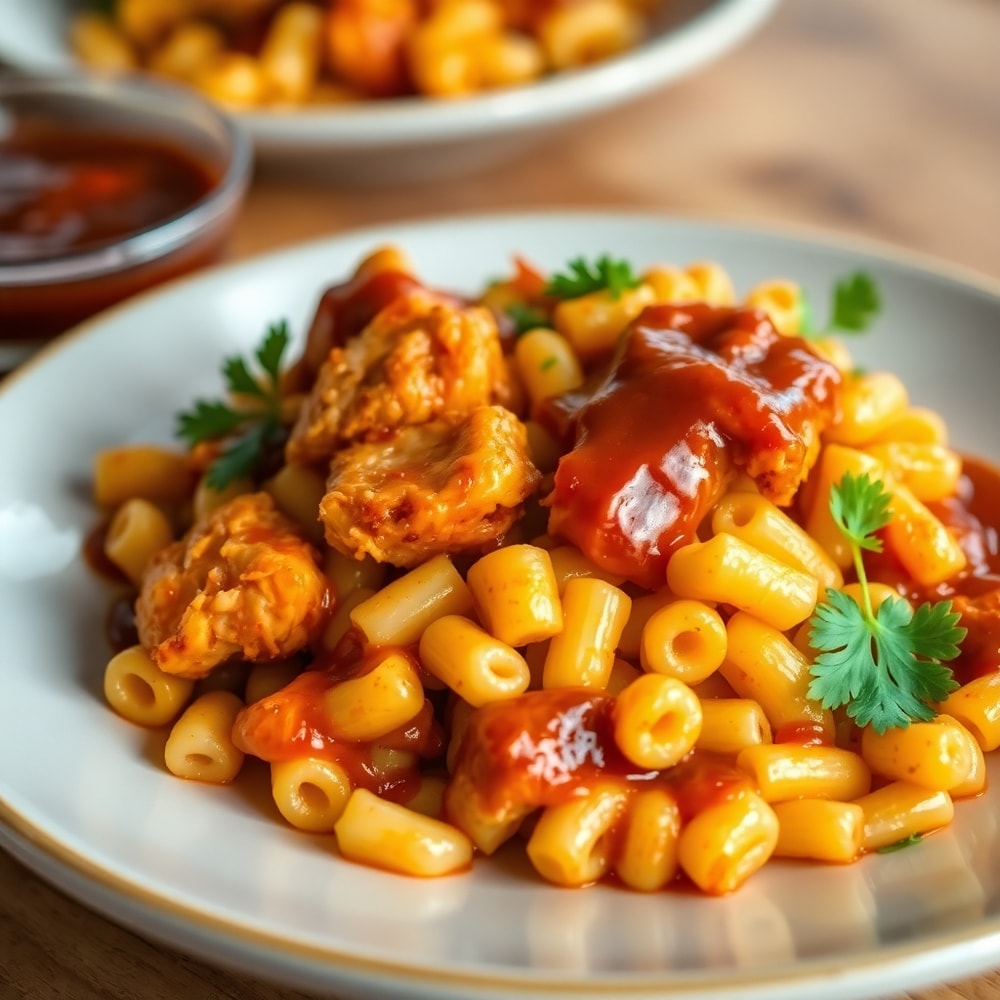 Plated Smoky BBQ Chicken Mac Cheese with parsley garnish
