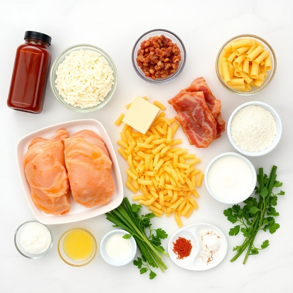 Raw ingredients for Smoky BBQ Chicken Mac Cheese