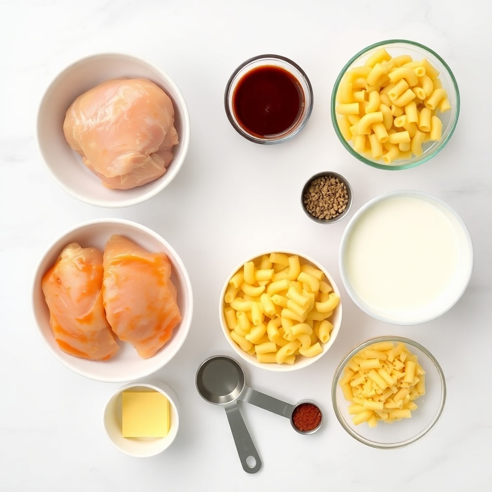 BBQ Chicken Mac Cheese ingredients flat lay
