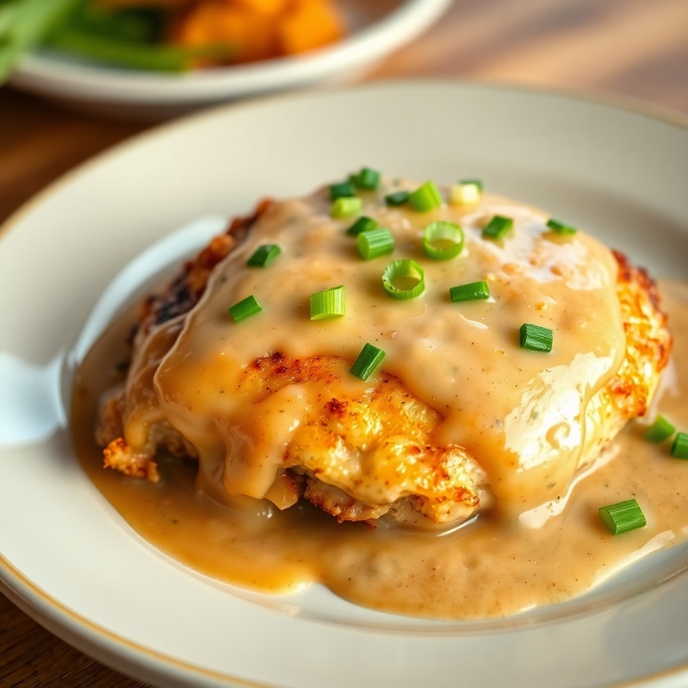 Plated Smothered Chicken with crispy skin and creamy gravy