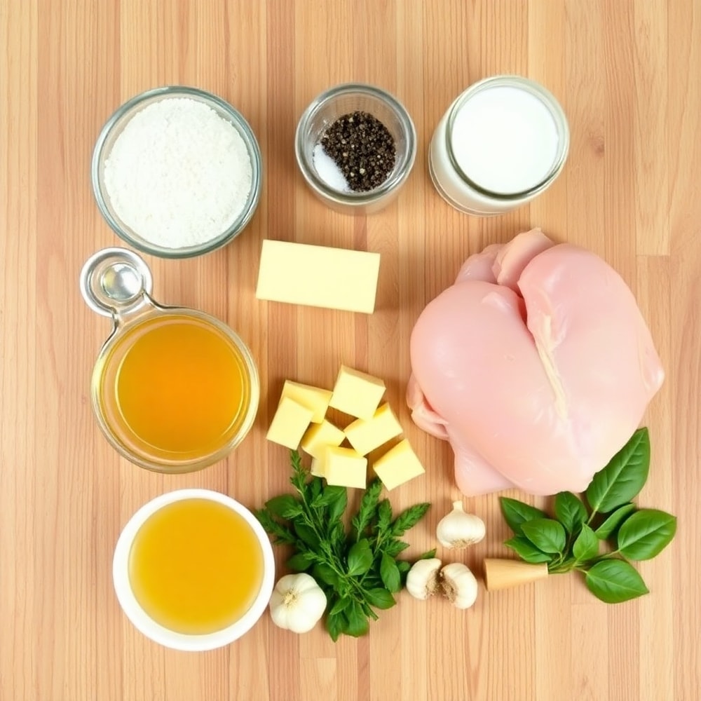 Raw ingredients for Smothered Chicken laid out on a wooden surface