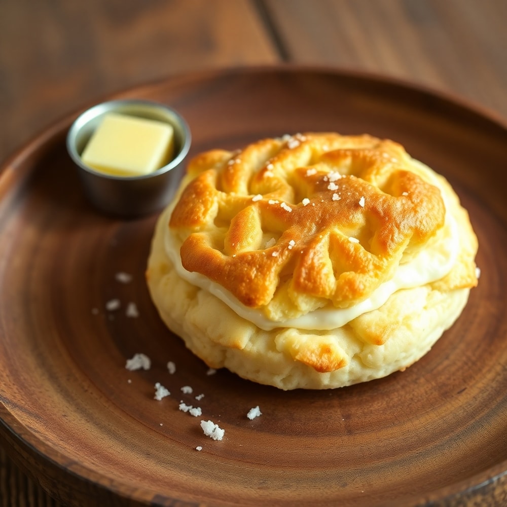 Plated sour cream and onion biscuit with a pat of butter