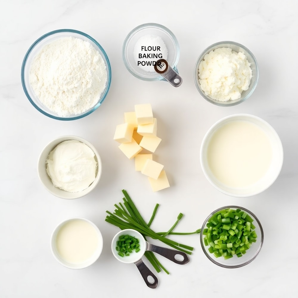 Raw ingredients for sour cream and onion biscuits on a marble surface