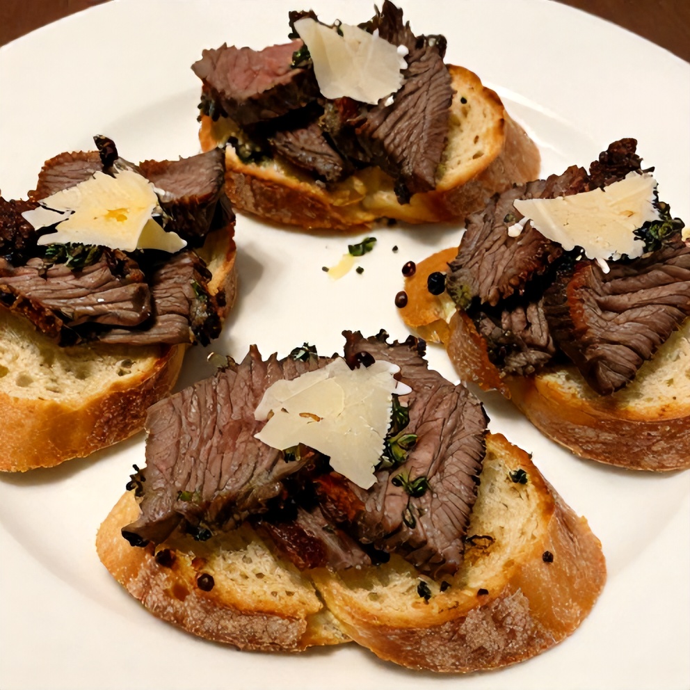Plated steak crostini on a white plate