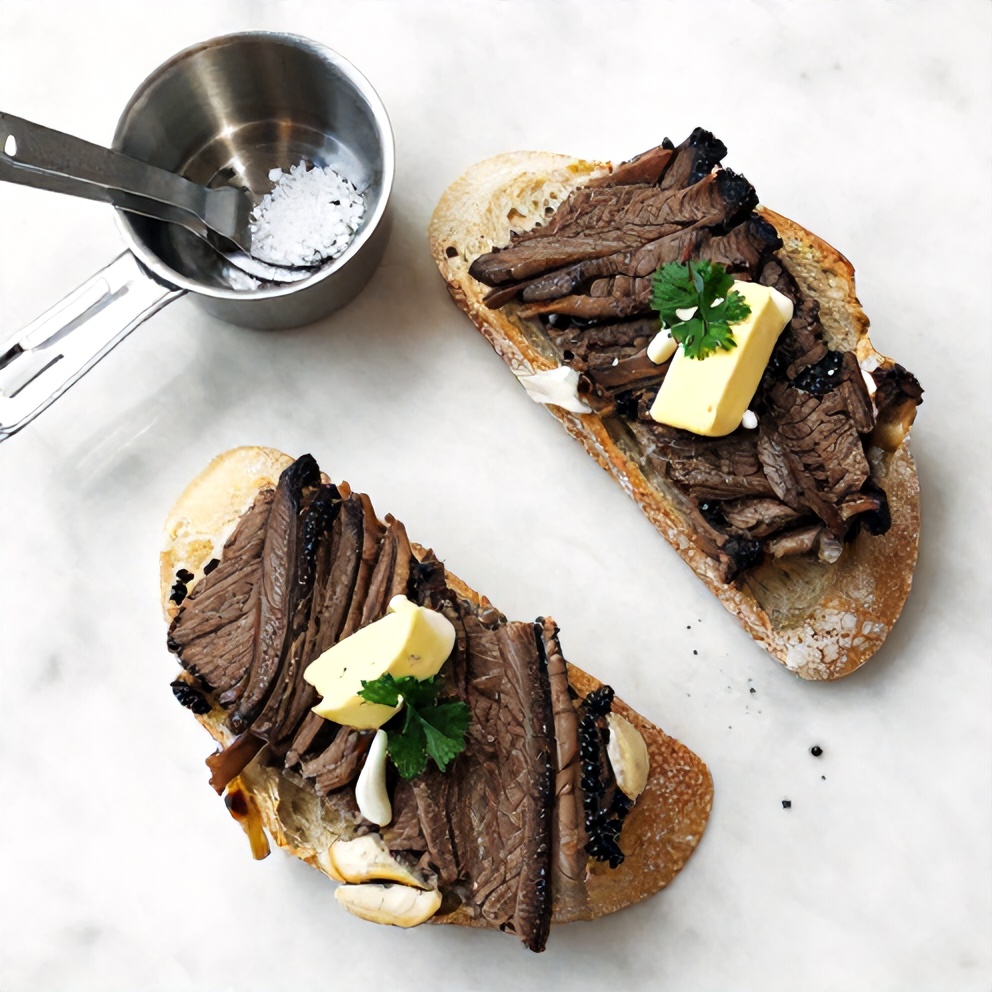 Raw ingredients for steak crostini on a marble surface