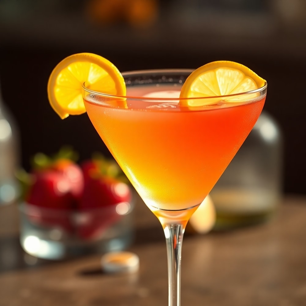 Strawberry Lemon Drop Martini garnished with a lemon wheel