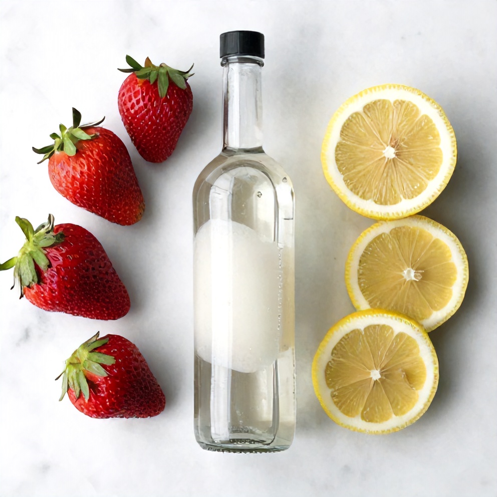 Strawberry, lemons, vodka, and simple syrup laid out on a wooden surface