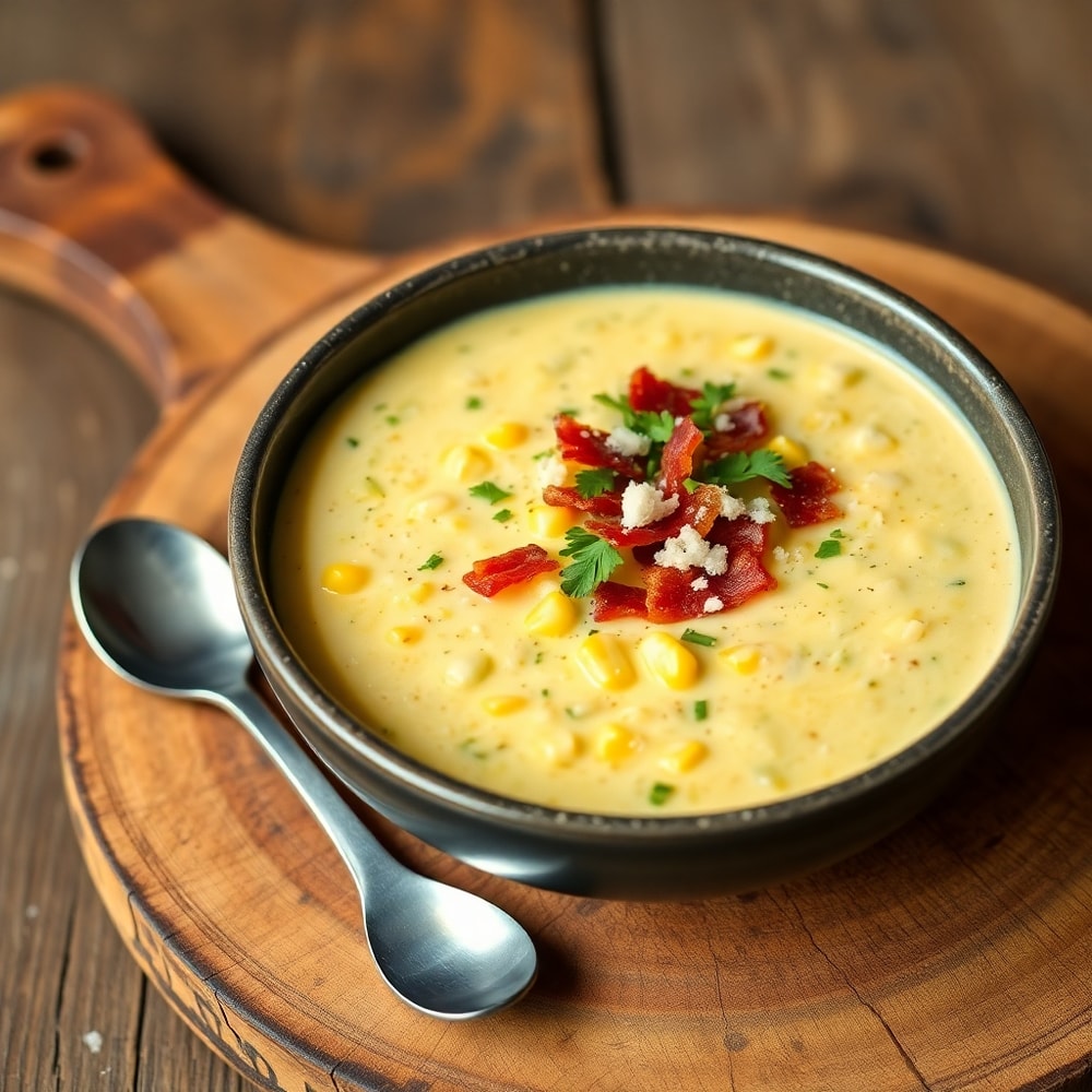 Bowl of Creamy Summer Corn and Zucchini Chowder