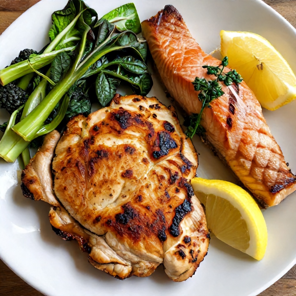 Plated summer griddle dinner recipe with a side of vegetables