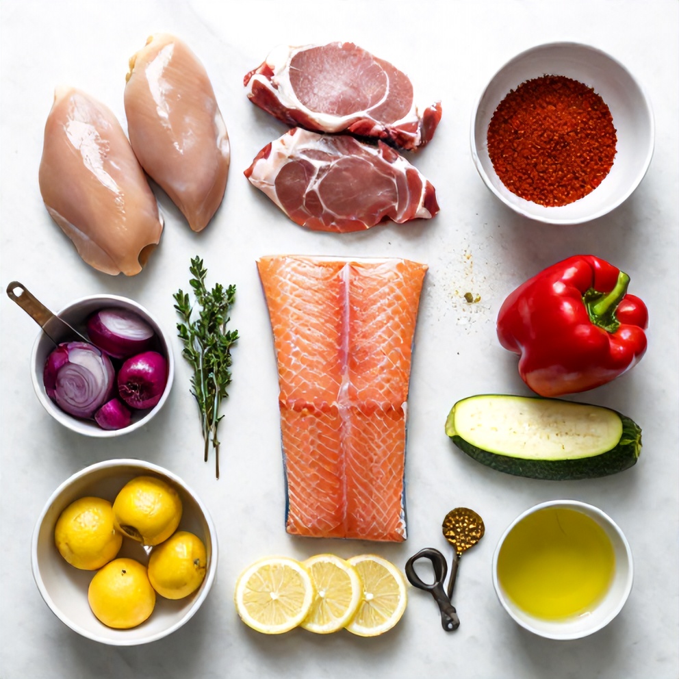 Raw ingredients for summer griddle dinner recipes on a wooden surface