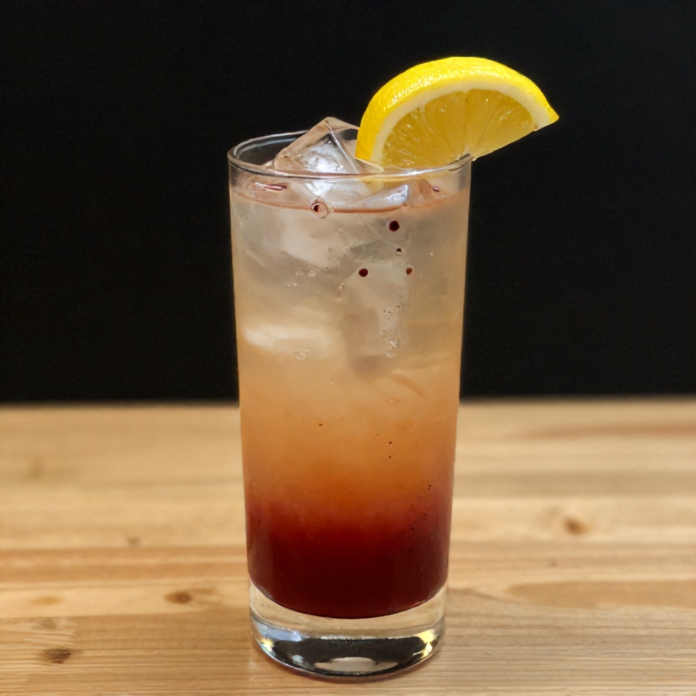 A glass of Tart Cherry Chamomile Mocktail with a lemon wheel garnish