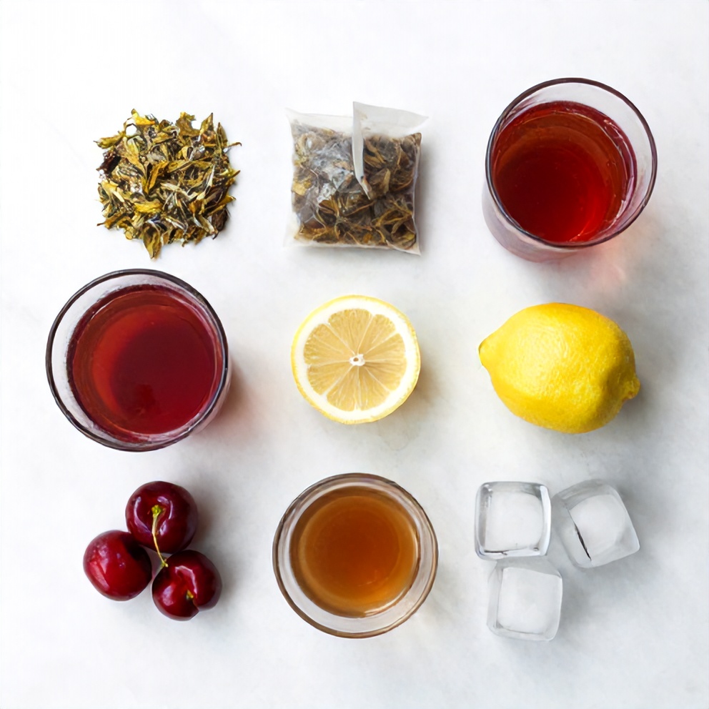 Raw ingredients for Tart Cherry Chamomile Mocktail including tart cherry juice, chamomile tea, lemon juice, simple syrup, and ice