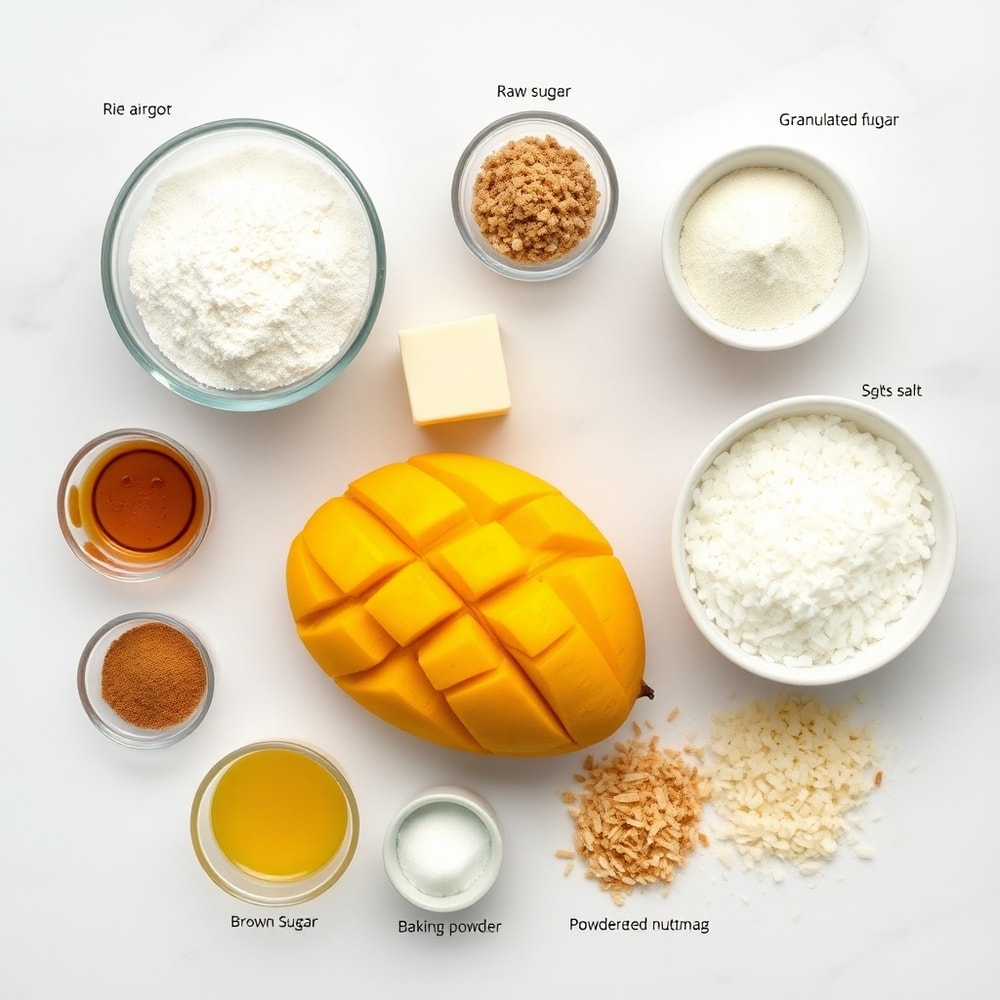 Raw ingredients for Tropical Mango Cookies on a marble surface