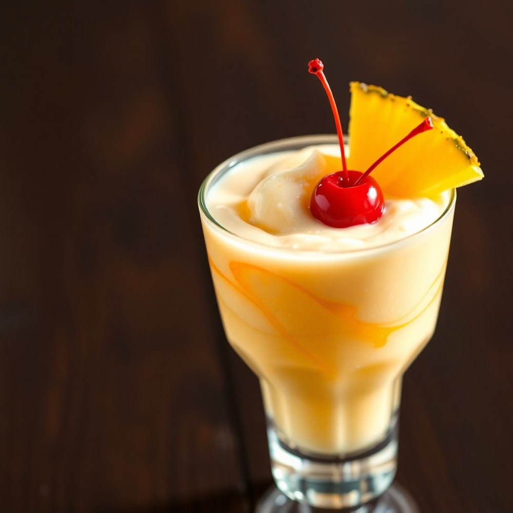 Tropical Sherbet Swirl Summer Mocktail garnished with pineapple and cherry