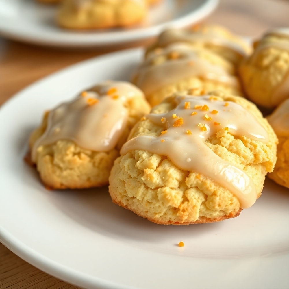 Orange scone cookies with glaze on a white plate