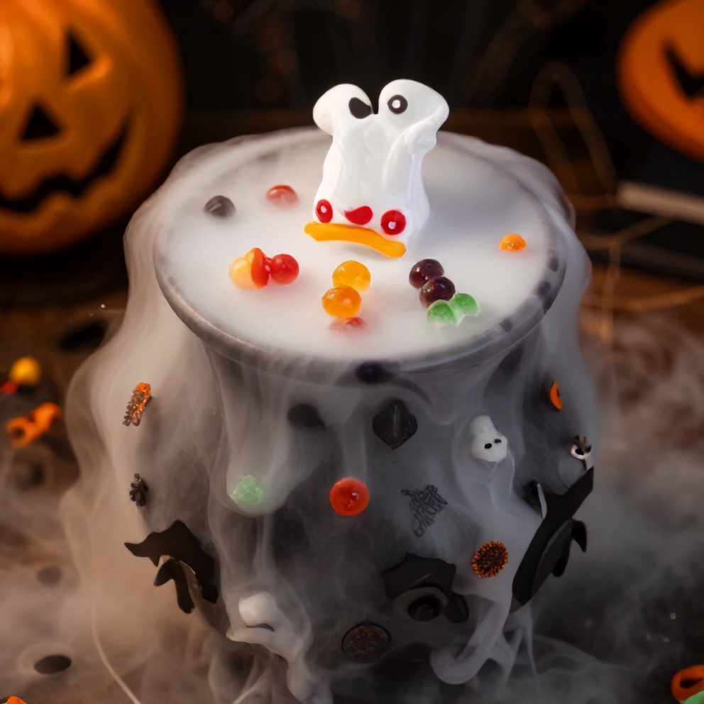 Witches Brew Halloween Drink served in a cauldron with a dry ice smoke effect